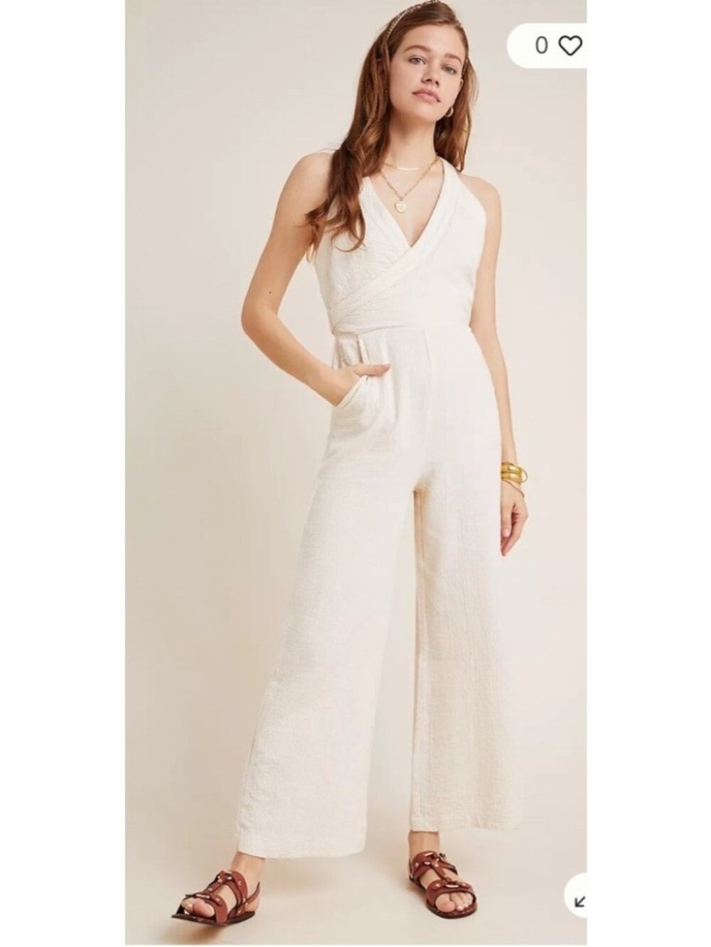 Anthropologie Cream Wide Leg Demi Textured Gauze Jumpsuit Women Size 2P Back Zip